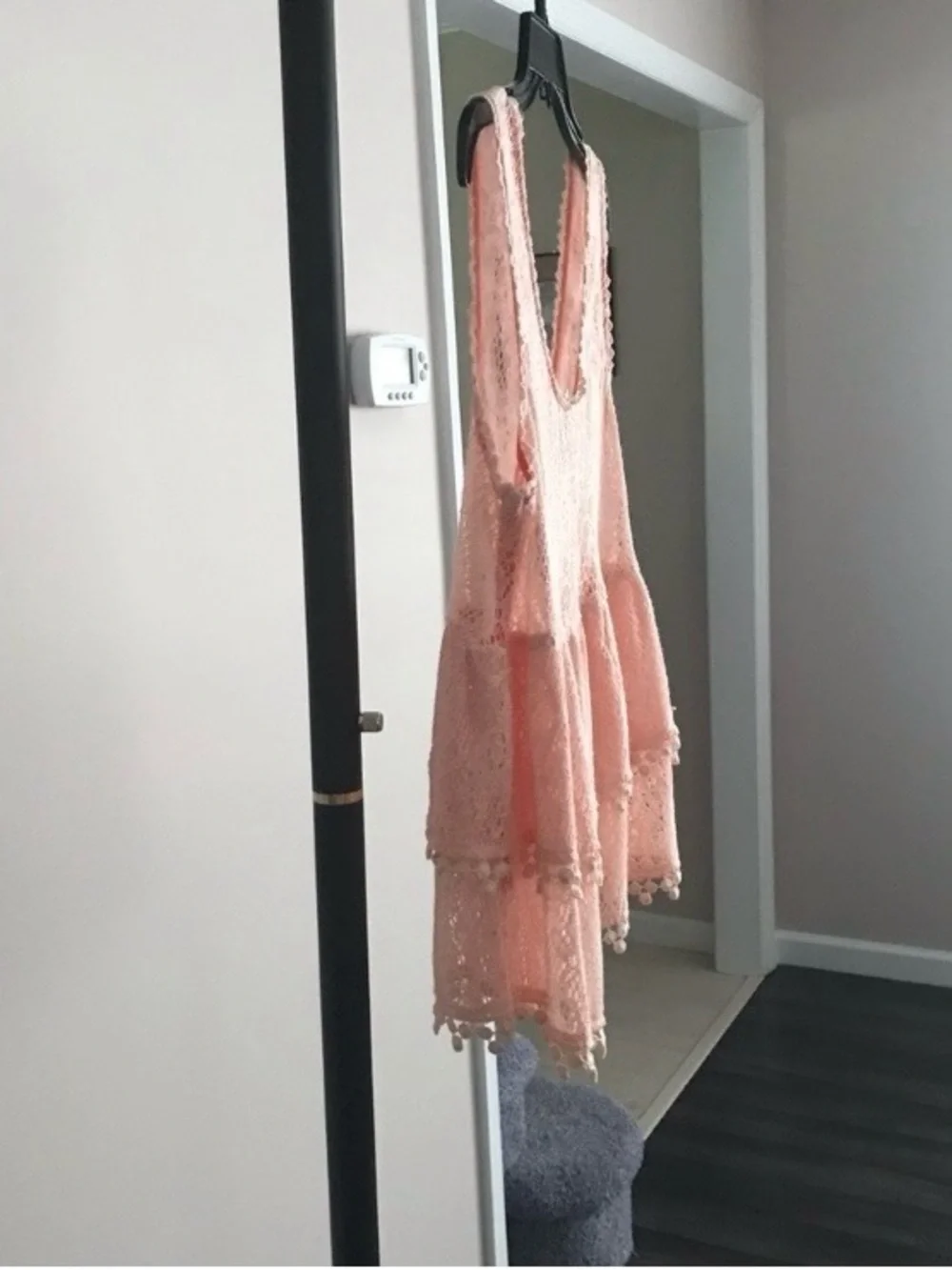 Free People Lace Babydoll Tank Pom Pom Trim Boho Festival Top Pastel Peach